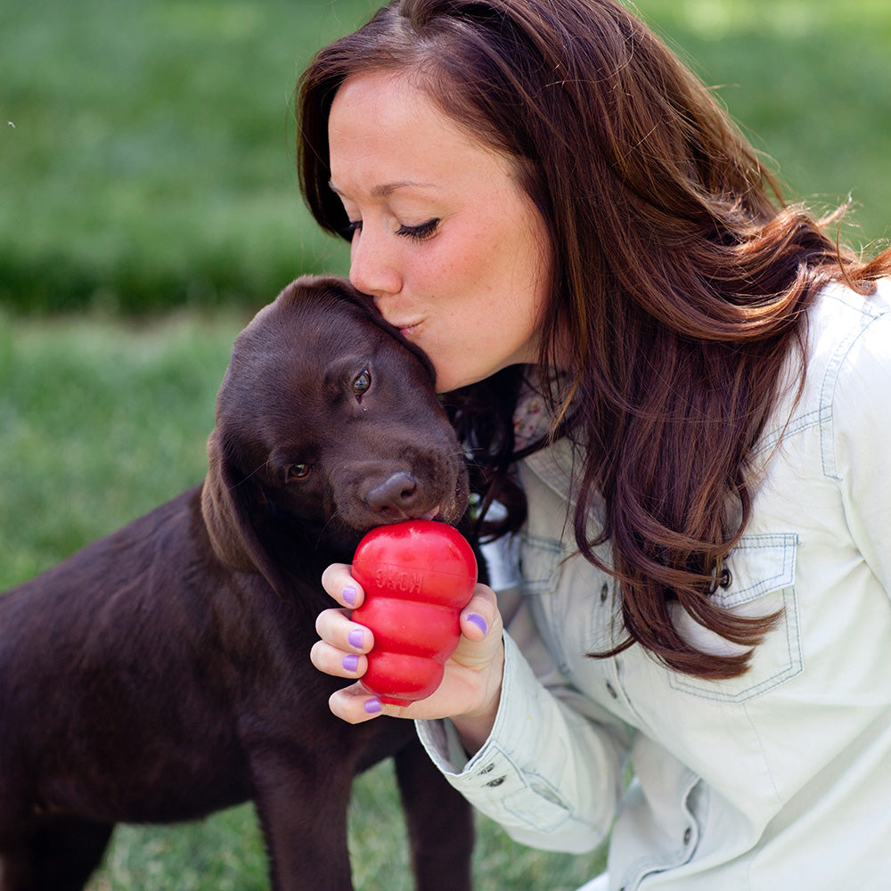 woman giving dog Kong Classic toy